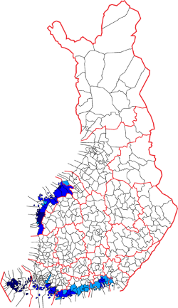 Kort over Finland med svensk- og tosprogede kommuner afmærket svenskfinland